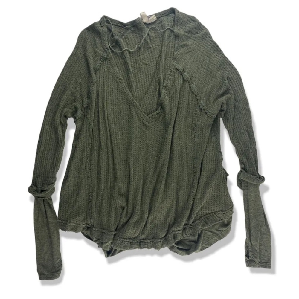 We The Free Free People Deep V Neck Green Tunic Top Long Sleeve